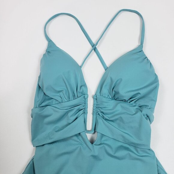 Becca Bristol Plunge One-Piece Cutout Crisscross Swimsuit Mineral Blue Size S - Picture 13 of 16